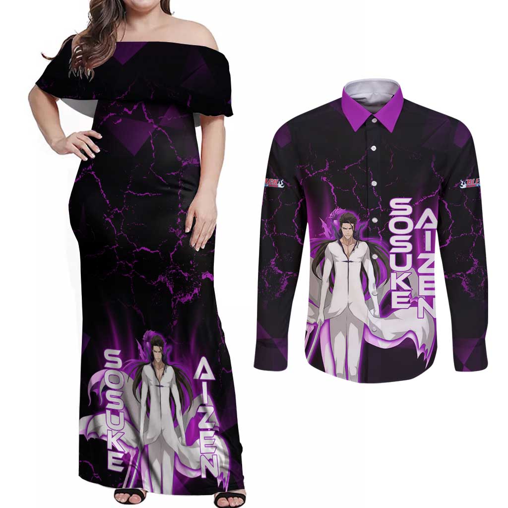 Sosuke Aizen Couples Matching Off Shoulder Maxi Dress and Long Sleeve Button Shirt Neon Purple Anime Energy Aura Illustration