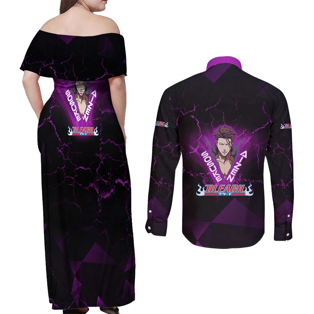 Sosuke Aizen Couples Matching Off Shoulder Maxi Dress and Long Sleeve Button Shirt Neon Purple Anime Energy Aura Illustration