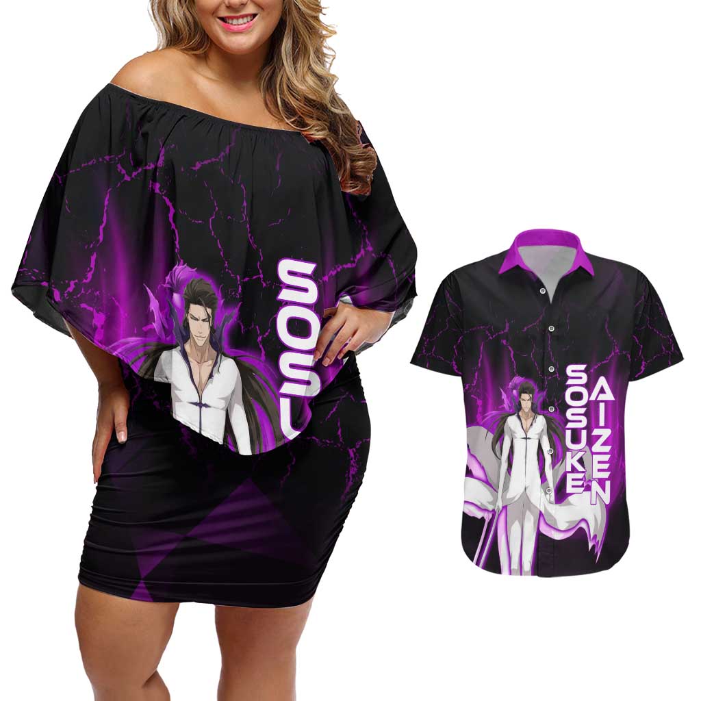 Sosuke Aizen Couples Matching Off Shoulder Short Dress and Hawaiian Shirt Neon Purple Anime Energy Aura Illustration