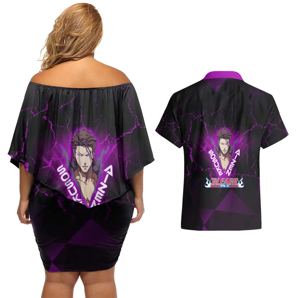 Sosuke Aizen Couples Matching Off Shoulder Short Dress and Hawaiian Shirt Neon Purple Anime Energy Aura Illustration