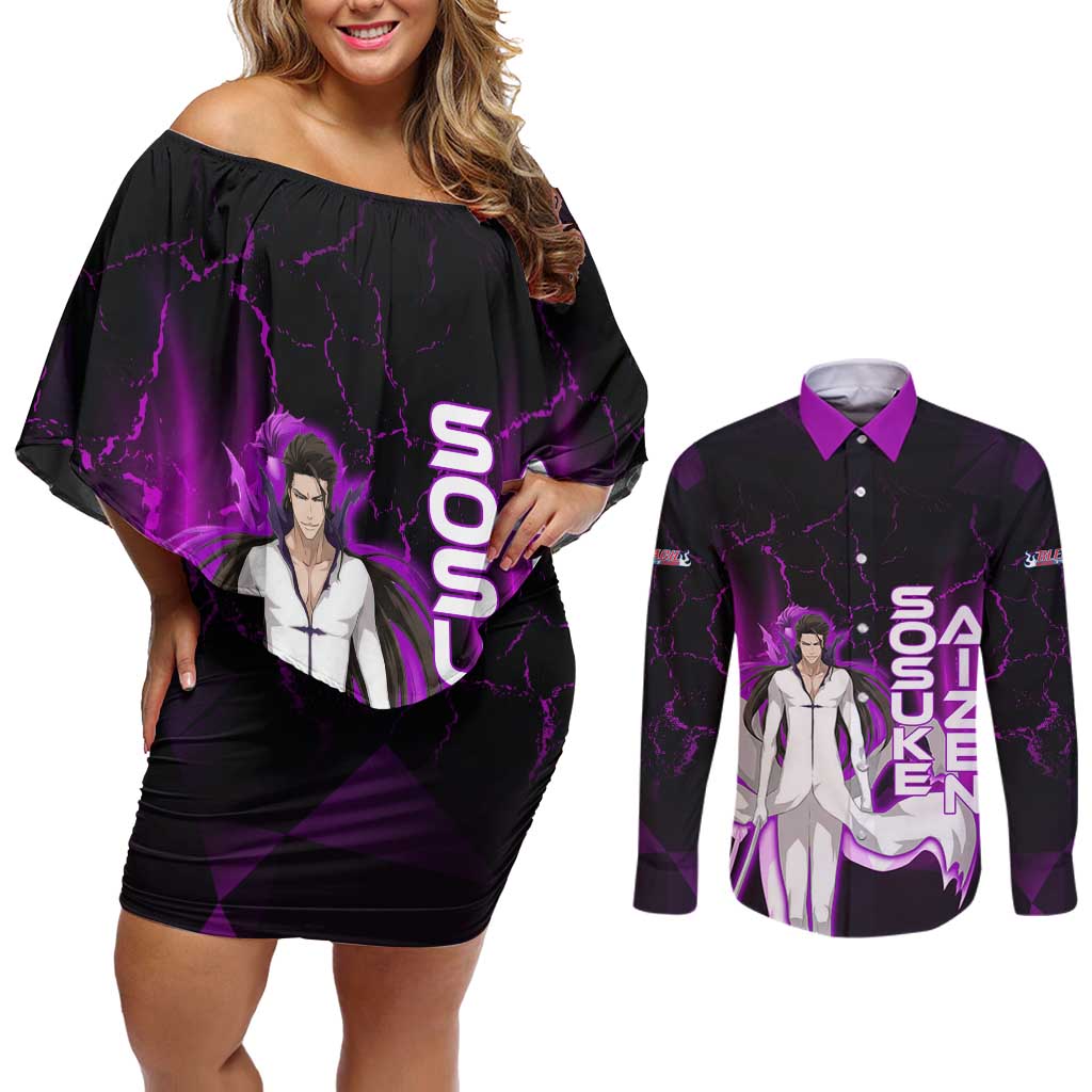 Sosuke Aizen Couples Matching Off Shoulder Short Dress and Long Sleeve Button Shirt Neon Purple Anime Energy Aura Illustration