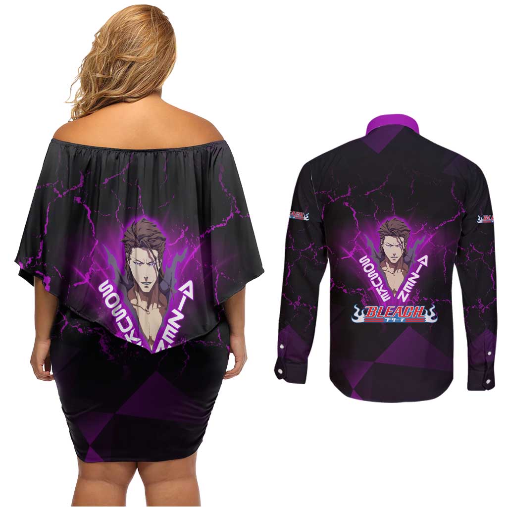 Sosuke Aizen Couples Matching Off Shoulder Short Dress and Long Sleeve Button Shirt Neon Purple Anime Energy Aura Illustration