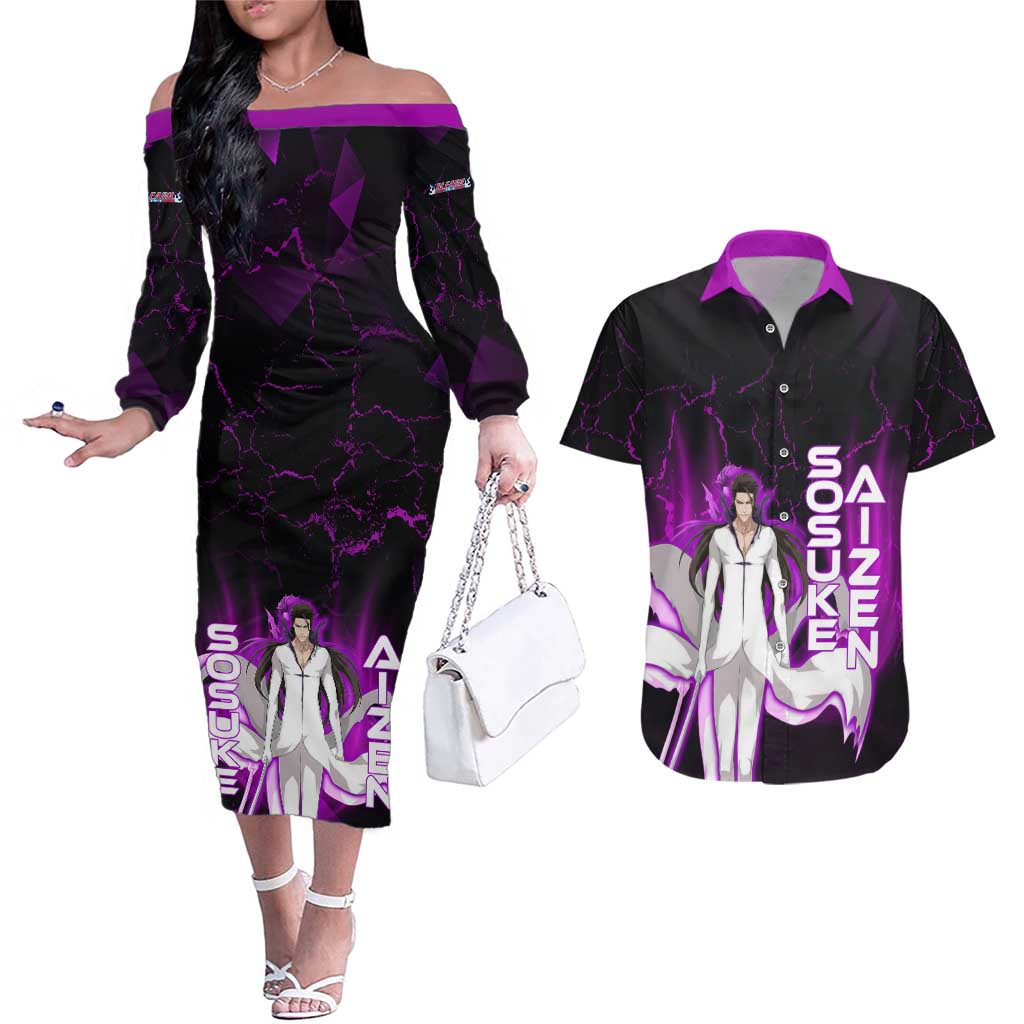 Sosuke Aizen Couples Matching Off The Shoulder Long Sleeve Dress and Hawaiian Shirt Neon Purple Anime Energy Aura Illustration