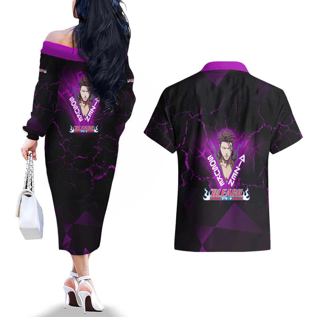 Sosuke Aizen Couples Matching Off The Shoulder Long Sleeve Dress and Hawaiian Shirt Neon Purple Anime Energy Aura Illustration