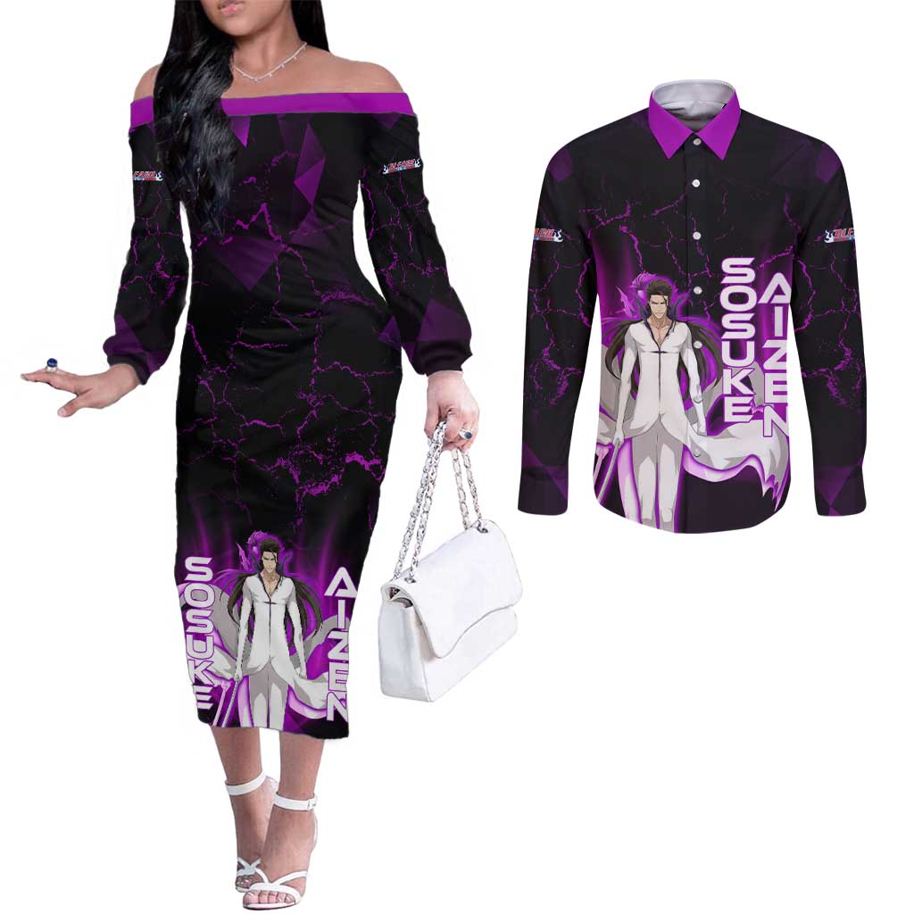 Sosuke Aizen Couples Matching Off The Shoulder Long Sleeve Dress and Long Sleeve Button Shirt Neon Purple Anime Energy Aura Illustration