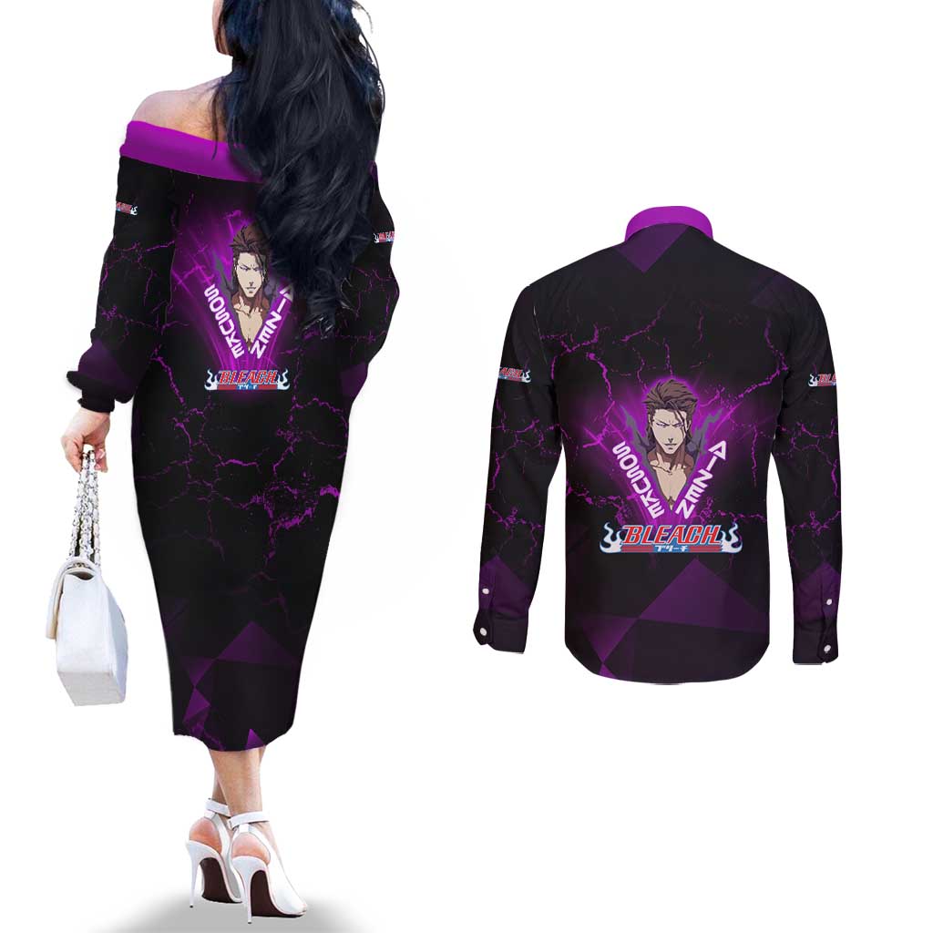 Sosuke Aizen Couples Matching Off The Shoulder Long Sleeve Dress and Long Sleeve Button Shirt Neon Purple Anime Energy Aura Illustration