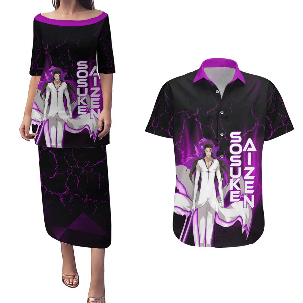 Sosuke Aizen Couples Matching Puletasi and Hawaiian Shirt Neon Purple Anime Energy Aura Illustration