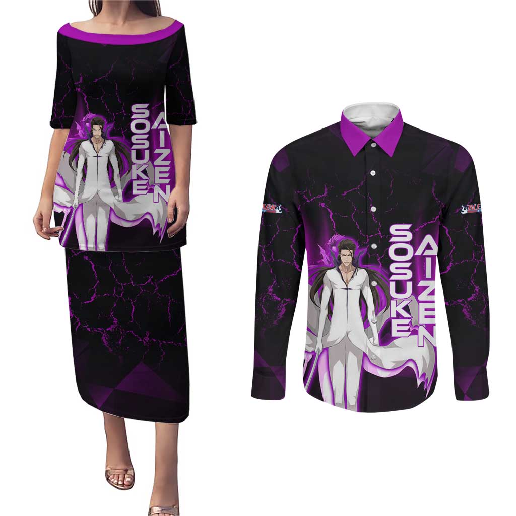 Sosuke Aizen Couples Matching Puletasi and Long Sleeve Button Shirt Neon Purple Anime Energy Aura Illustration