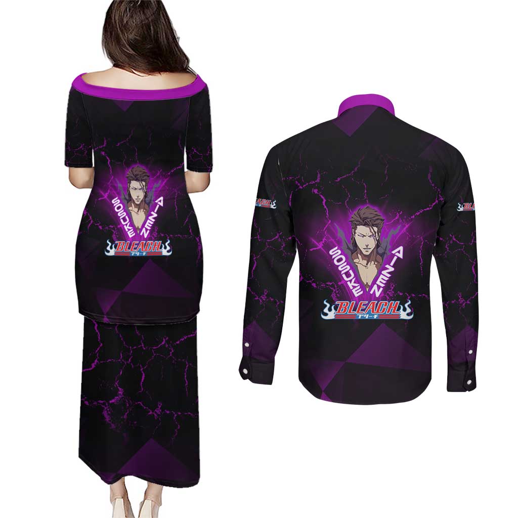 Sosuke Aizen Couples Matching Puletasi and Long Sleeve Button Shirt Neon Purple Anime Energy Aura Illustration