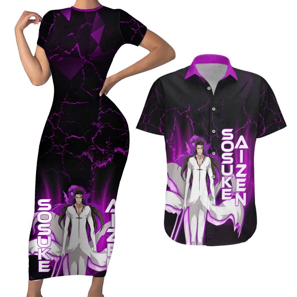 Sosuke Aizen Couples Matching Short Sleeve Bodycon Dress and Hawaiian Shirt Neon Purple Anime Energy Aura Illustration