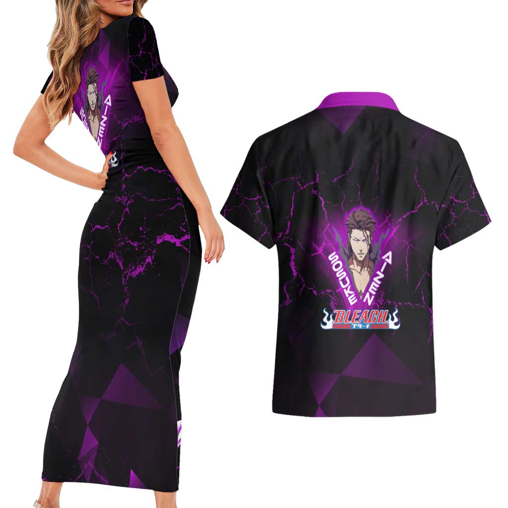 Sosuke Aizen Couples Matching Short Sleeve Bodycon Dress and Hawaiian Shirt Neon Purple Anime Energy Aura Illustration