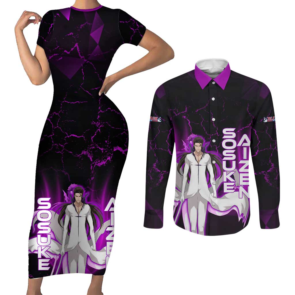 Sosuke Aizen Couples Matching Short Sleeve Bodycon Dress and Long Sleeve Button Shirt Neon Purple Anime Energy Aura Illustration