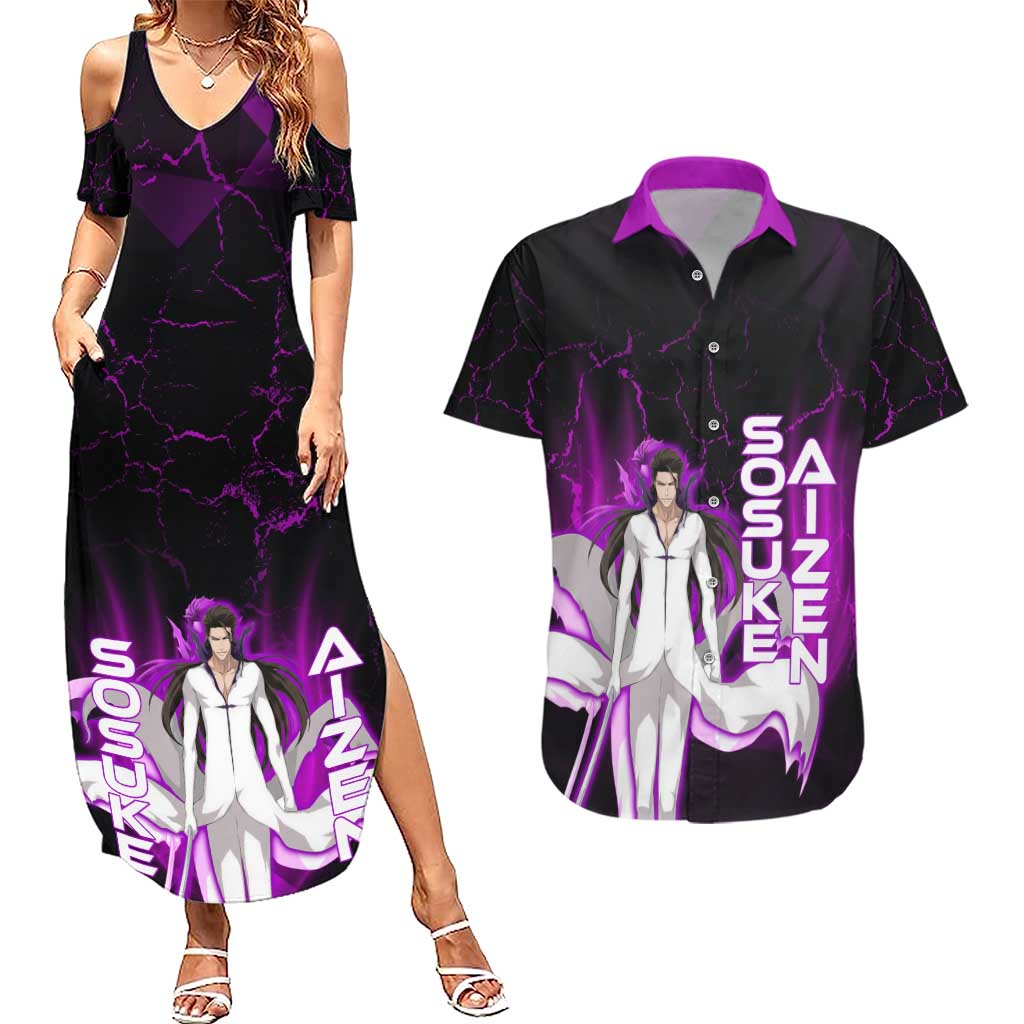 Sosuke Aizen Couples Matching Summer Maxi Dress and Hawaiian Shirt Neon Purple Anime Energy Aura Illustration