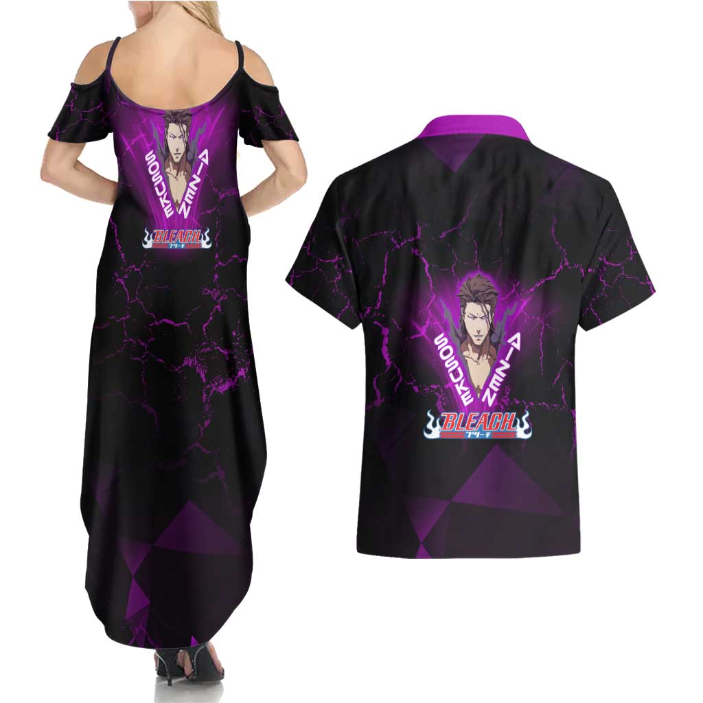 Sosuke Aizen Couples Matching Summer Maxi Dress and Hawaiian Shirt Neon Purple Anime Energy Aura Illustration