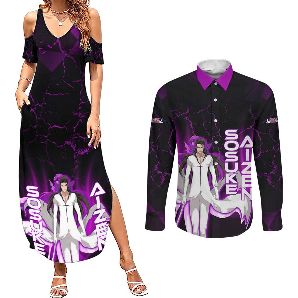 Sosuke Aizen Couples Matching Summer Maxi Dress and Long Sleeve Button Shirt Neon Purple Anime Energy Aura Illustration