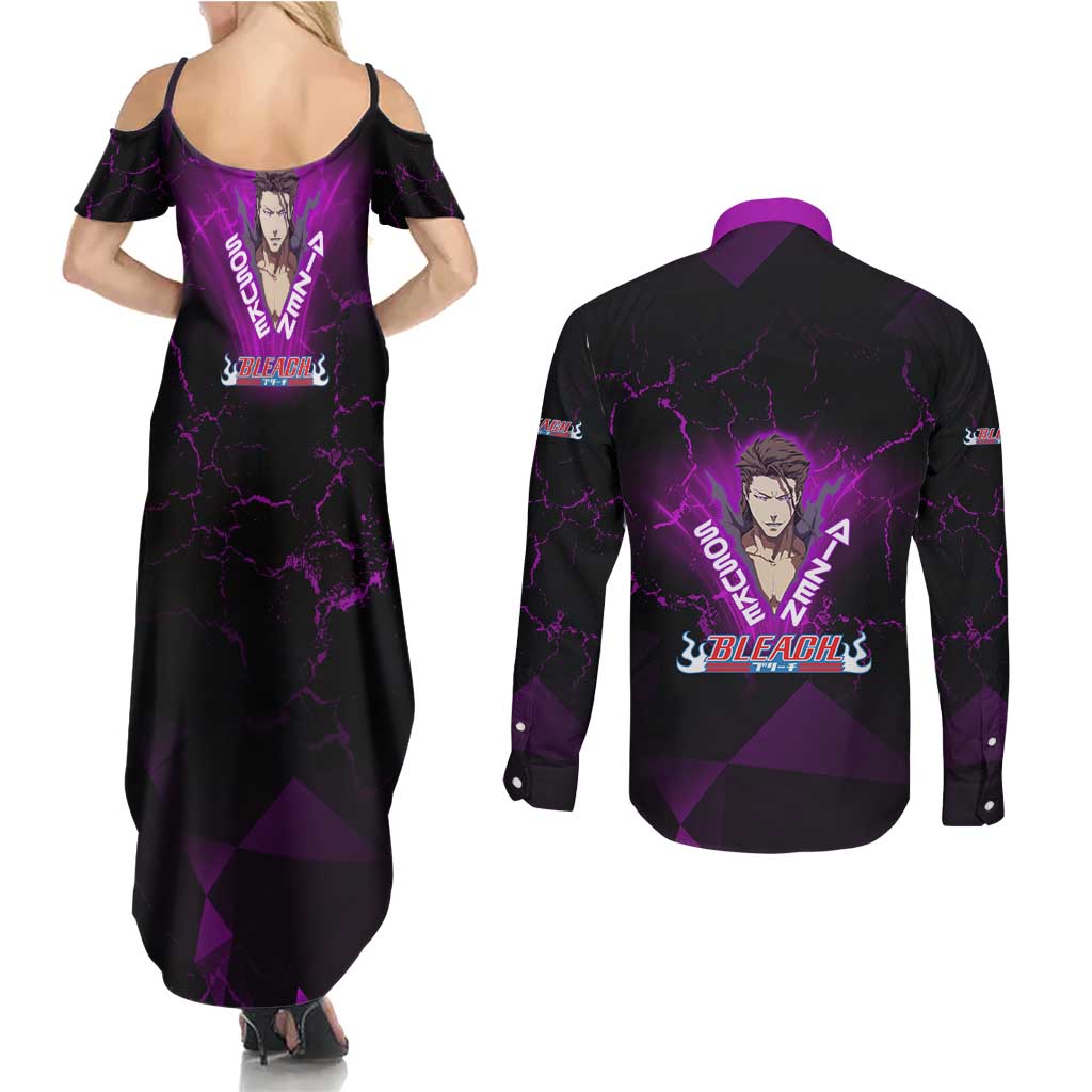 Sosuke Aizen Couples Matching Summer Maxi Dress and Long Sleeve Button Shirt Neon Purple Anime Energy Aura Illustration