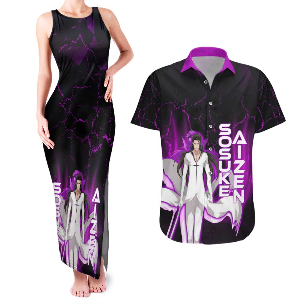 Sosuke Aizen Couples Matching Tank Maxi Dress and Hawaiian Shirt Neon Purple Anime Energy Aura Illustration