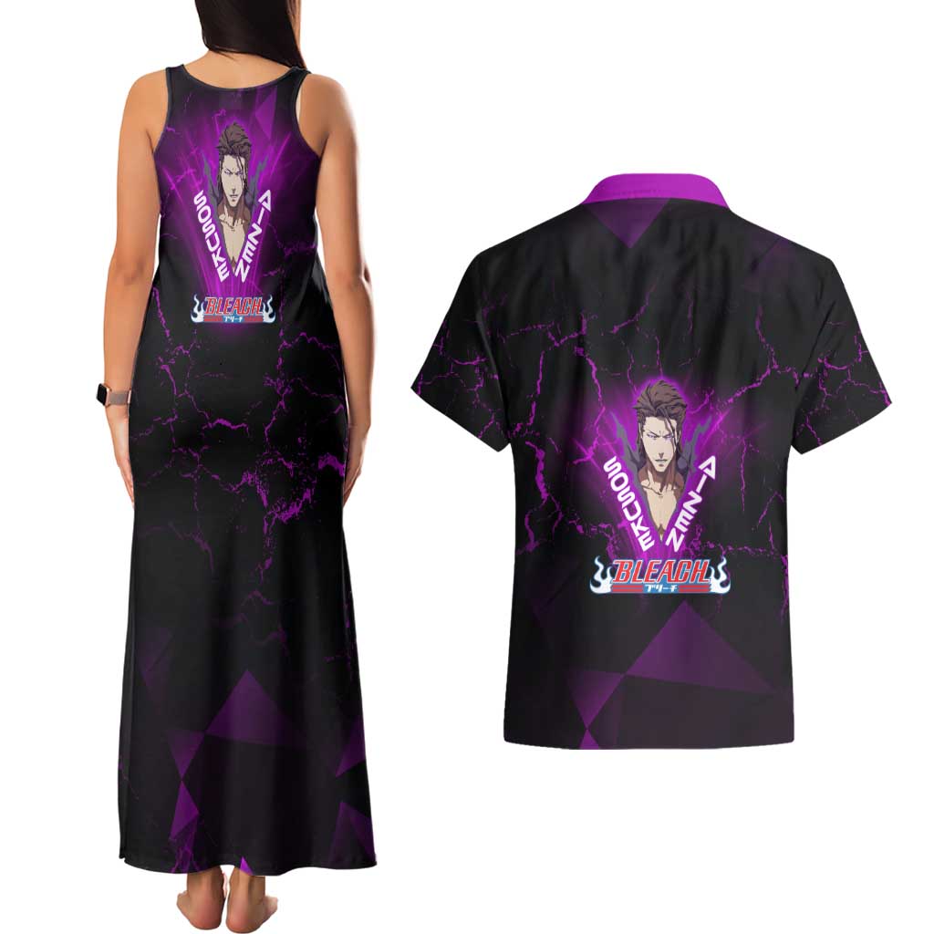 Sosuke Aizen Couples Matching Tank Maxi Dress and Hawaiian Shirt Neon Purple Anime Energy Aura Illustration
