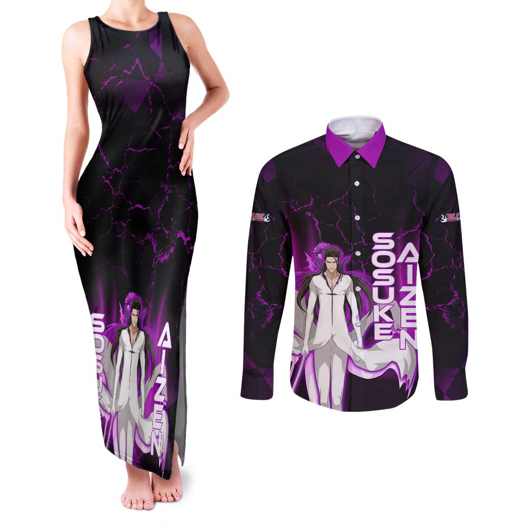 Sosuke Aizen Couples Matching Tank Maxi Dress and Long Sleeve Button Shirt Neon Purple Anime Energy Aura Illustration