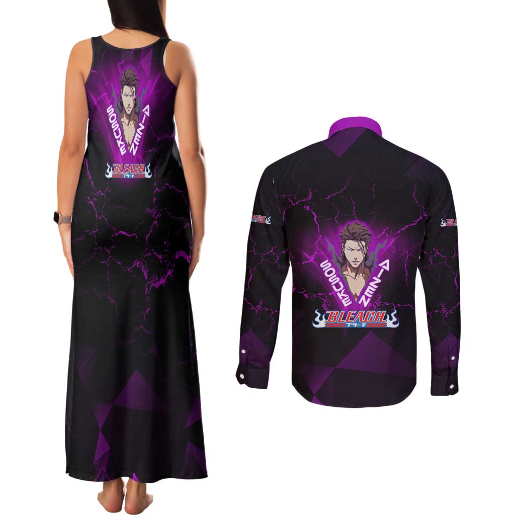 Sosuke Aizen Couples Matching Tank Maxi Dress and Long Sleeve Button Shirt Neon Purple Anime Energy Aura Illustration