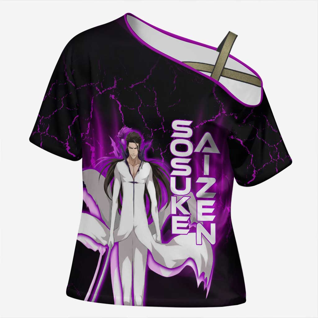 Sosuke Aizen Cross Shoulder Shirt Neon Purple Anime Energy Aura Illustration