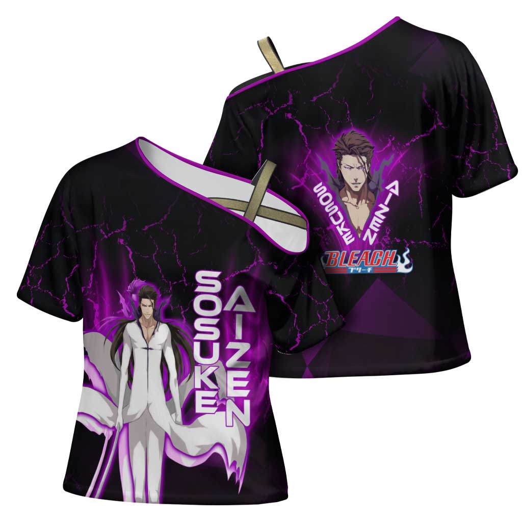 Sosuke Aizen Cross Shoulder Shirt Neon Purple Anime Energy Aura Illustration