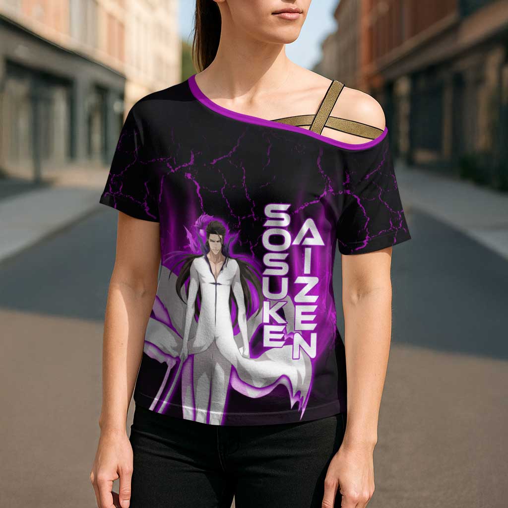 Sosuke Aizen Cross Shoulder Shirt Neon Purple Anime Energy Aura Illustration