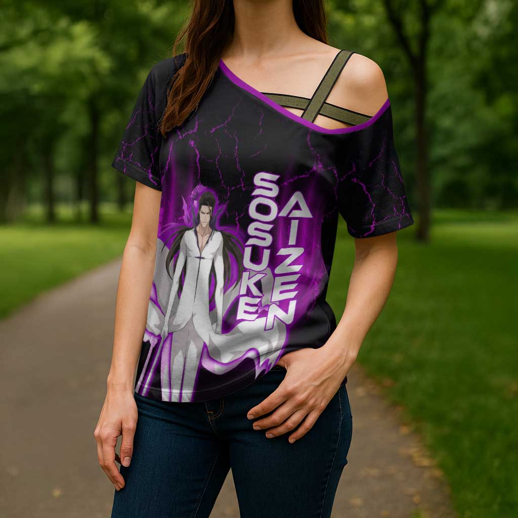 Sosuke Aizen Cross Shoulder Shirt Neon Purple Anime Energy Aura Illustration
