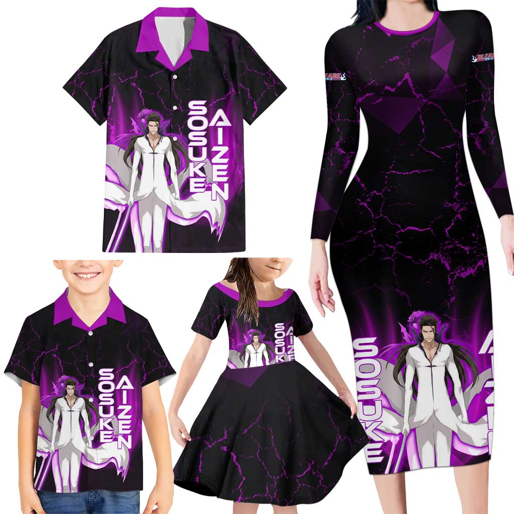Sosuke Aizen Family Matching Long Sleeve Bodycon Dress and Hawaiian Shirt Neon Purple Anime Energy Aura Illustration