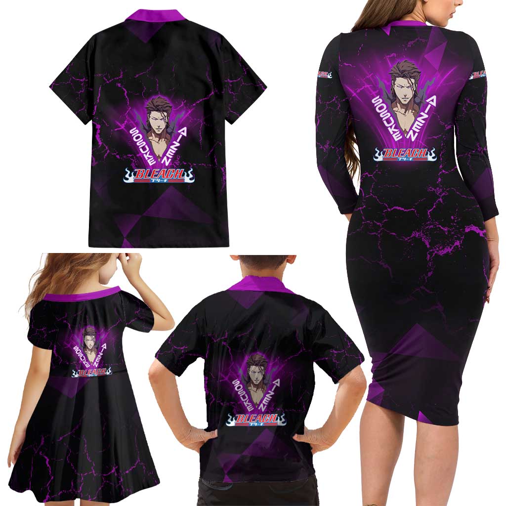 Sosuke Aizen Family Matching Long Sleeve Bodycon Dress and Hawaiian Shirt Neon Purple Anime Energy Aura Illustration