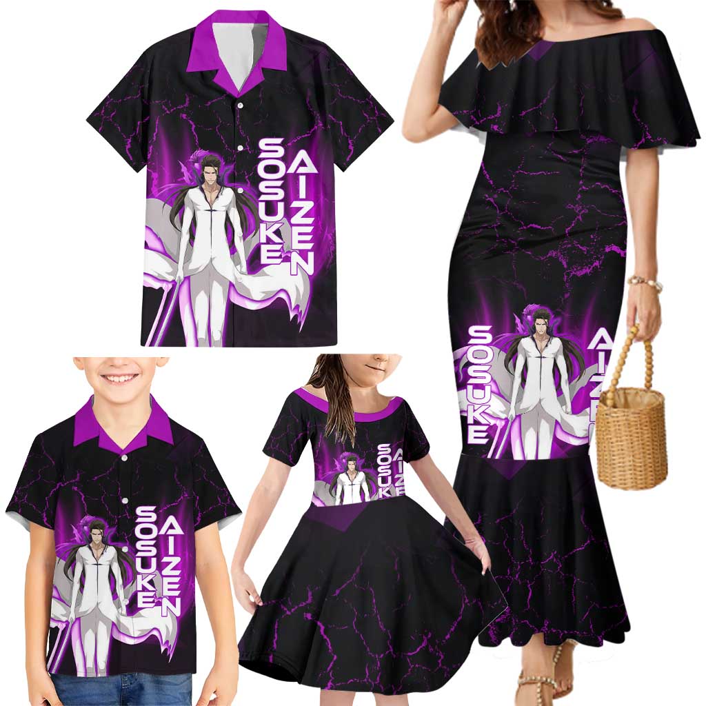 Sosuke Aizen Family Matching Mermaid Dress and Hawaiian Shirt Neon Purple Anime Energy Aura Illustration