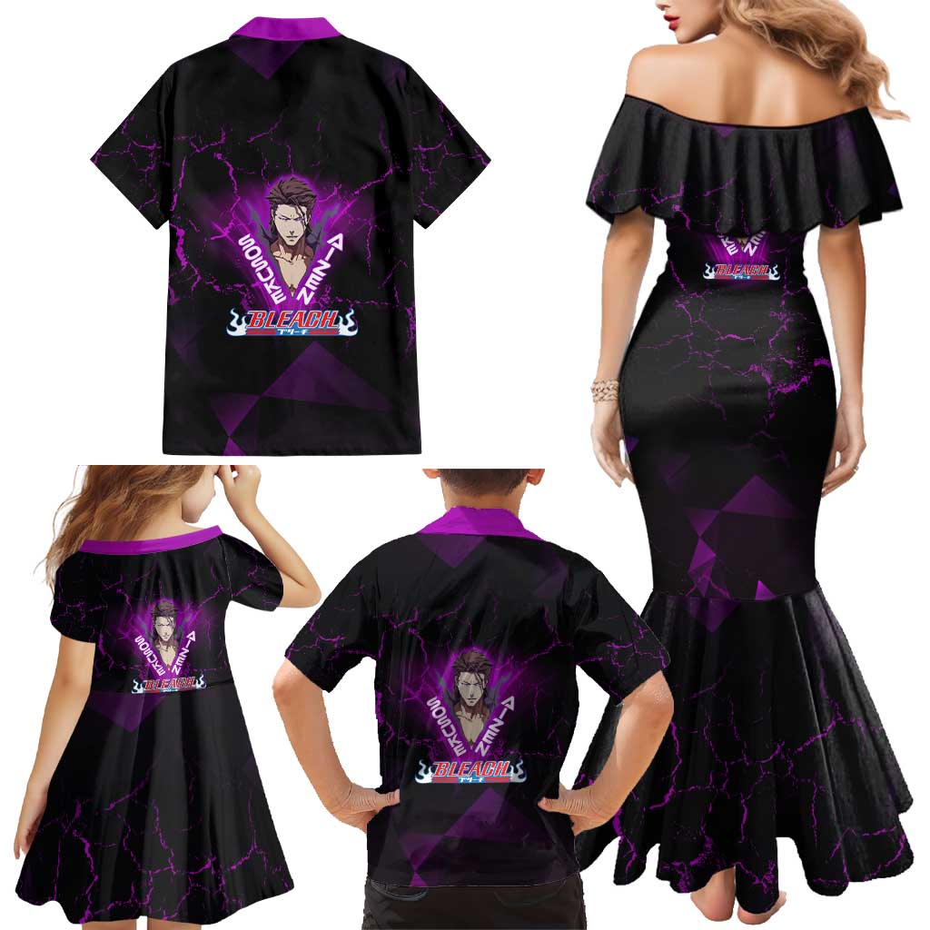 Sosuke Aizen Family Matching Mermaid Dress and Hawaiian Shirt Neon Purple Anime Energy Aura Illustration