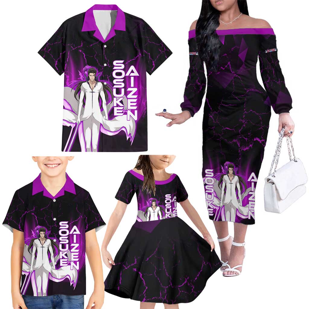 Sosuke Aizen Family Matching Off The Shoulder Long Sleeve Dress and Hawaiian Shirt Neon Purple Anime Energy Aura Illustration