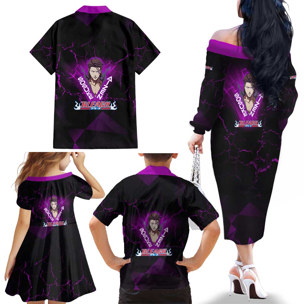Sosuke Aizen Family Matching Off The Shoulder Long Sleeve Dress and Hawaiian Shirt Neon Purple Anime Energy Aura Illustration