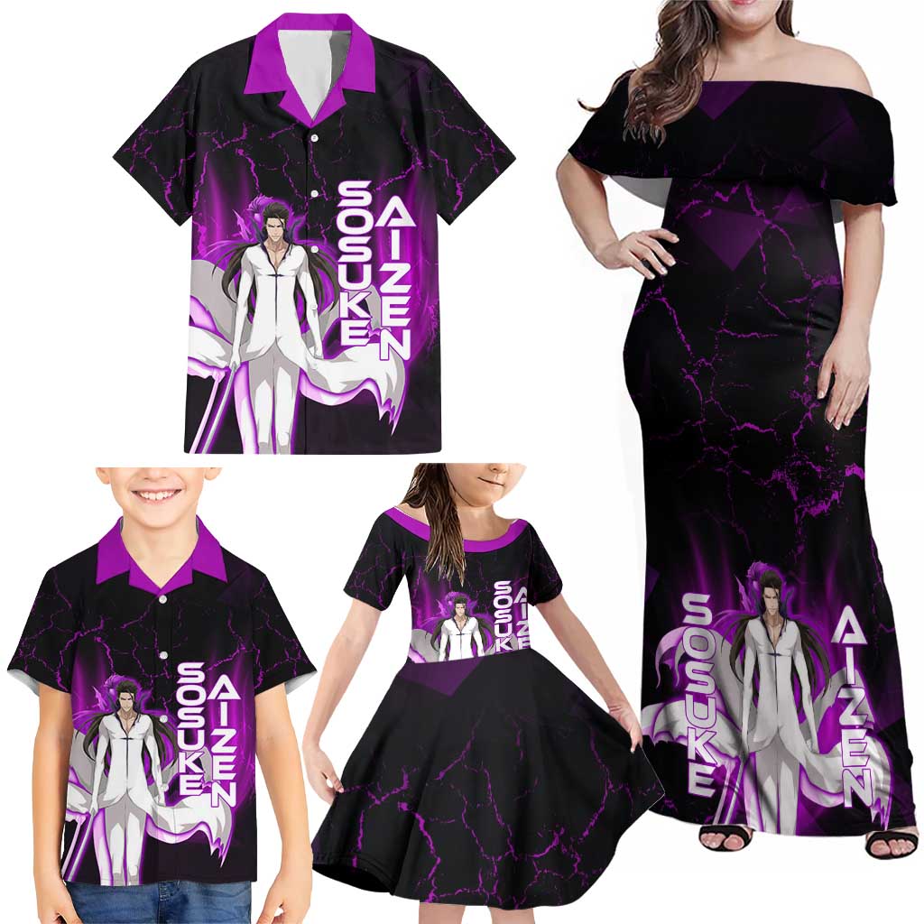 Sosuke Aizen Family Matching Off Shoulder Maxi Dress and Hawaiian Shirt Neon Purple Anime Energy Aura Illustration
