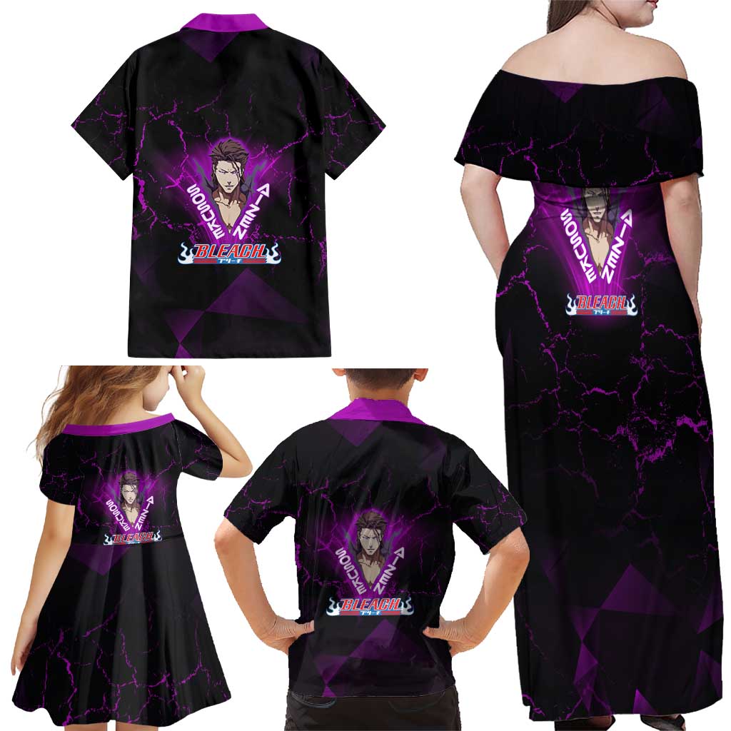 Sosuke Aizen Family Matching Off Shoulder Maxi Dress and Hawaiian Shirt Neon Purple Anime Energy Aura Illustration