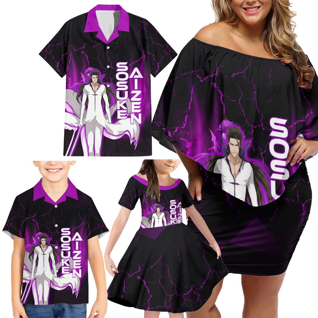 Sosuke Aizen Family Matching Off Shoulder Short Dress and Hawaiian Shirt Neon Purple Anime Energy Aura Illustration