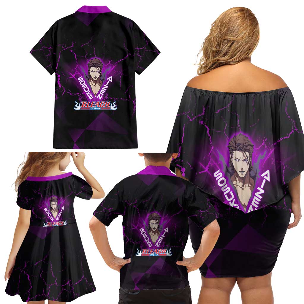 Sosuke Aizen Family Matching Off Shoulder Short Dress and Hawaiian Shirt Neon Purple Anime Energy Aura Illustration