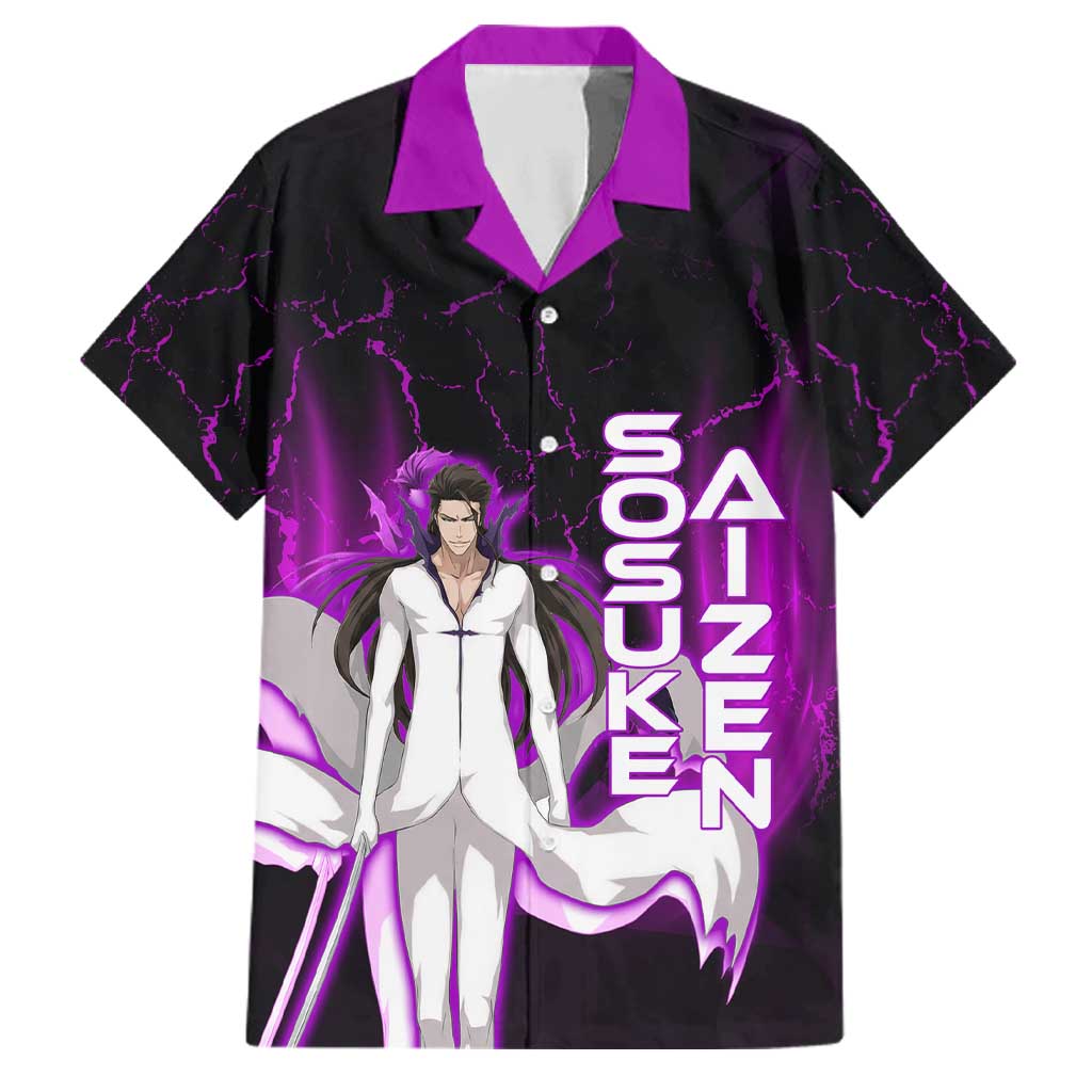 Sosuke Aizen Family Matching Off Shoulder Short Dress and Hawaiian Shirt Neon Purple Anime Energy Aura Illustration