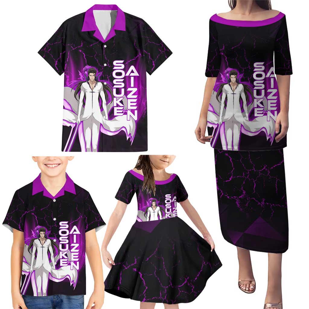 Sosuke Aizen Family Matching Puletasi and Hawaiian Shirt Neon Purple Anime Energy Aura Illustration