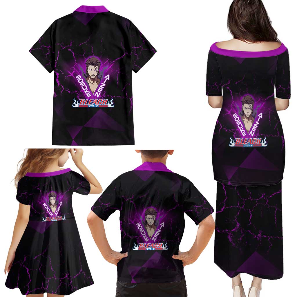 Sosuke Aizen Family Matching Puletasi and Hawaiian Shirt Neon Purple Anime Energy Aura Illustration