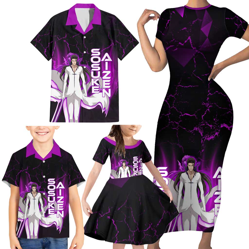 Sosuke Aizen Family Matching Short Sleeve Bodycon Dress and Hawaiian Shirt Neon Purple Anime Energy Aura Illustration