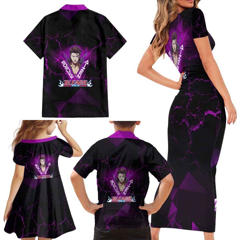 Sosuke Aizen Family Matching Short Sleeve Bodycon Dress and Hawaiian Shirt Neon Purple Anime Energy Aura Illustration