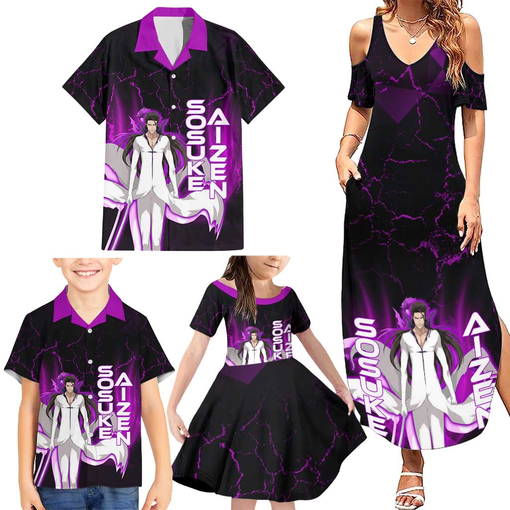 Sosuke Aizen Family Matching Summer Maxi Dress and Hawaiian Shirt Neon Purple Anime Energy Aura Illustration