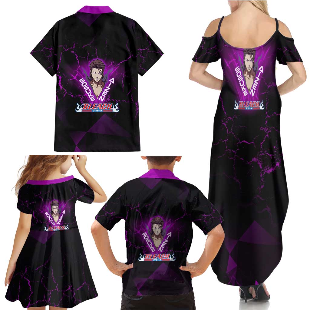 Sosuke Aizen Family Matching Summer Maxi Dress and Hawaiian Shirt Neon Purple Anime Energy Aura Illustration
