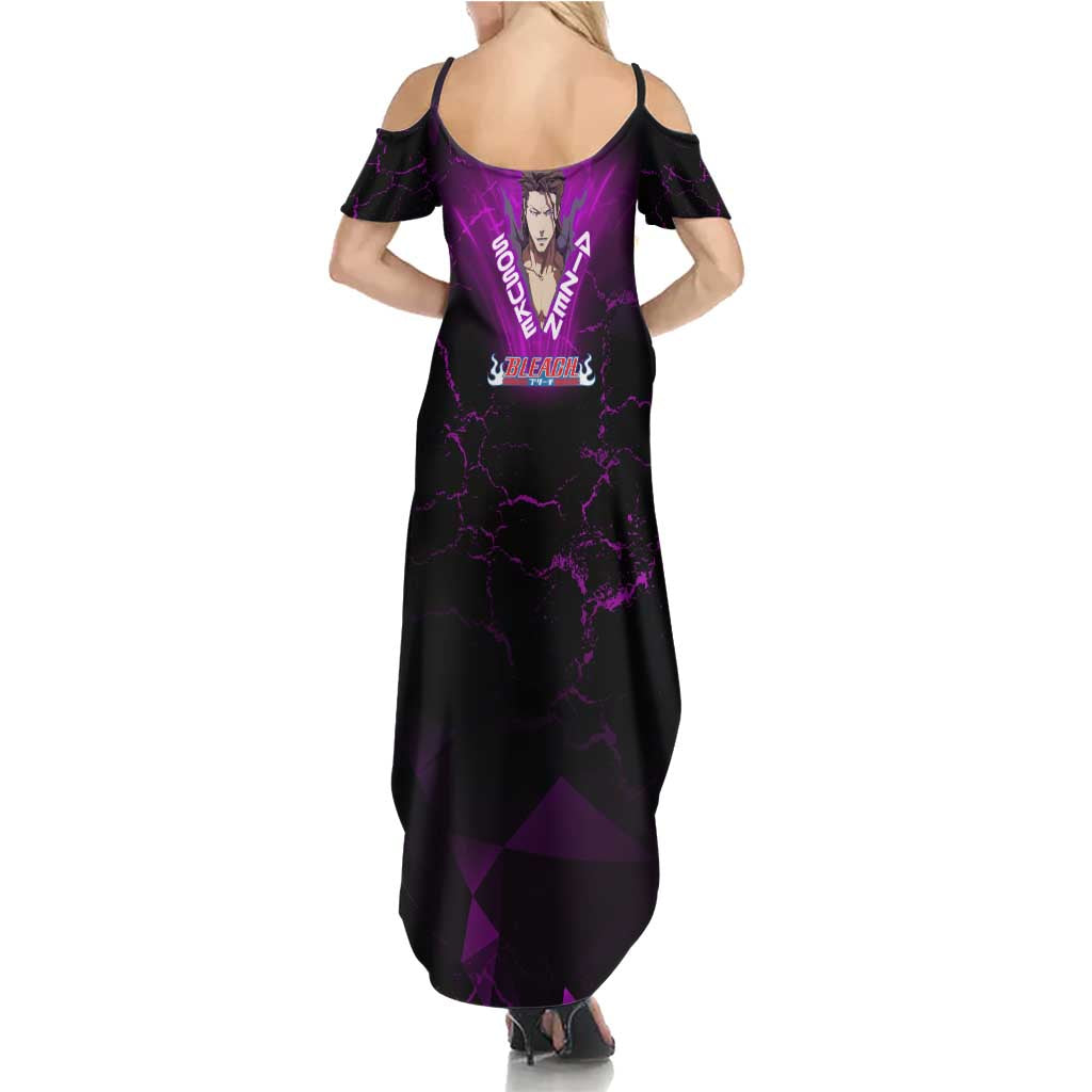 Sosuke Aizen Family Matching Summer Maxi Dress and Hawaiian Shirt Neon Purple Anime Energy Aura Illustration