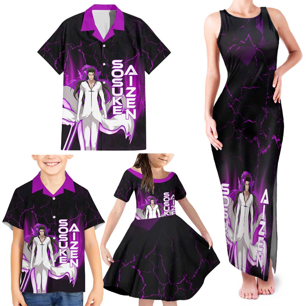 Sosuke Aizen Family Matching Tank Maxi Dress and Hawaiian Shirt Neon Purple Anime Energy Aura Illustration