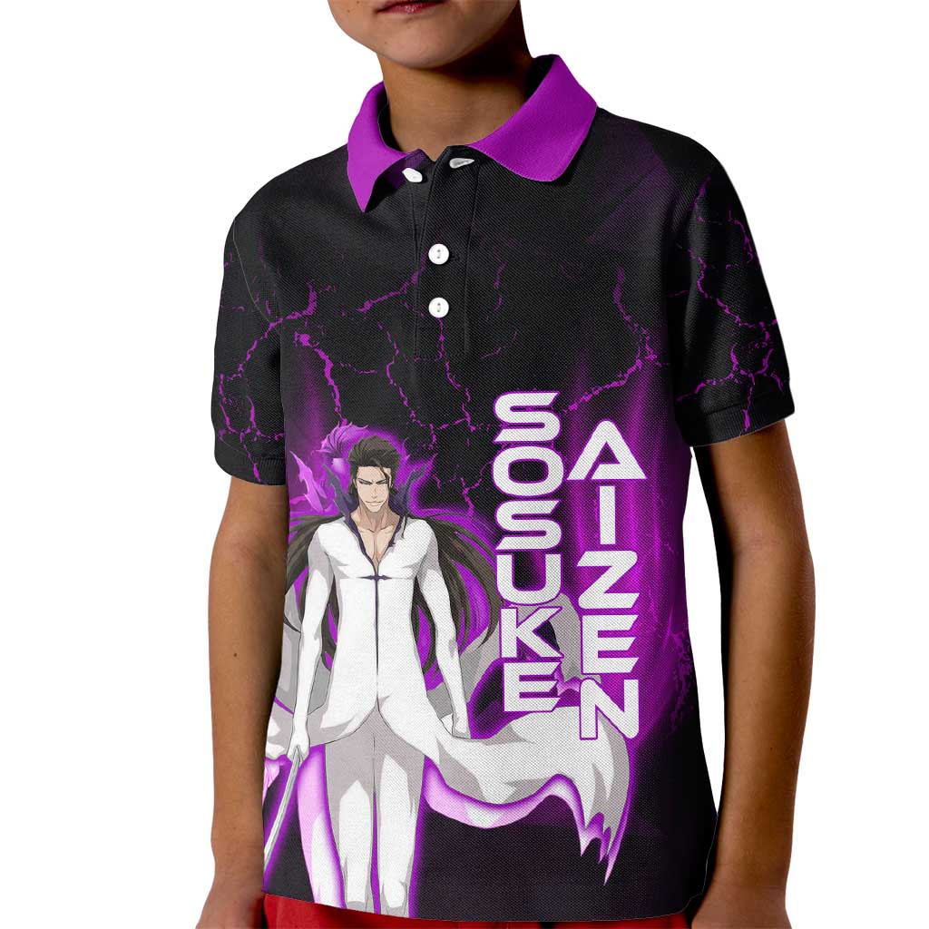 Sosuke Aizen Kid Polo Shirt Neon Purple Anime Energy Aura Illustration