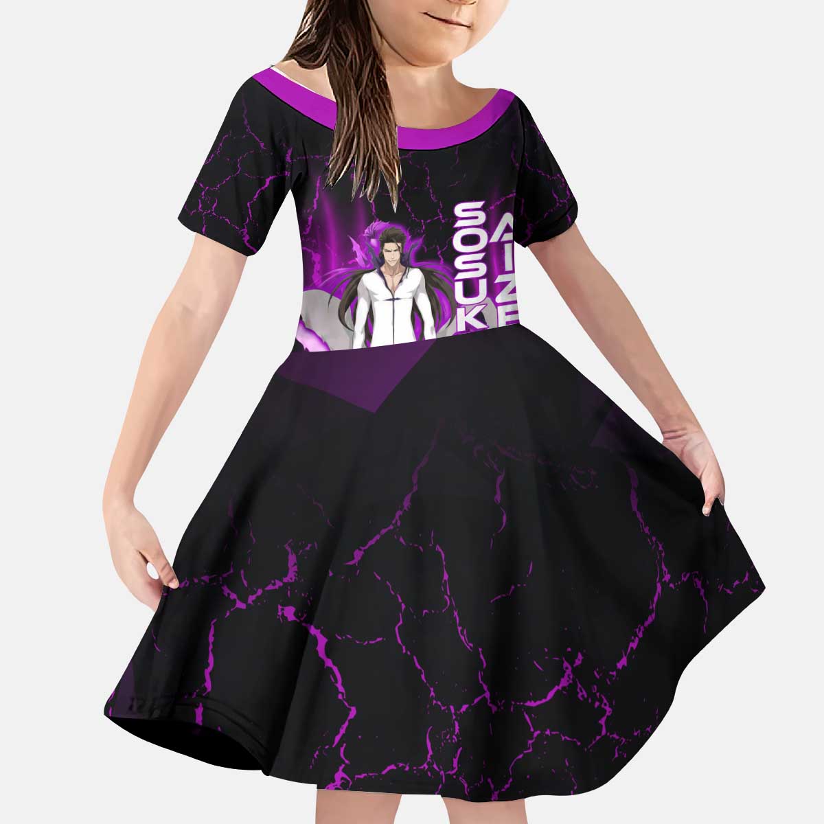 Sosuke Aizen Kid Short Sleeve Dress Neon Purple Anime Energy Aura Illustration