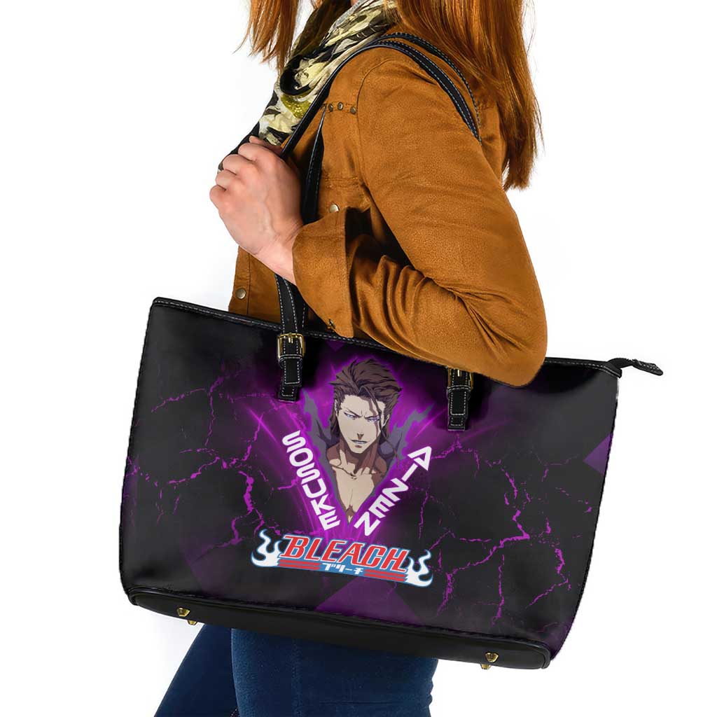 Sosuke Aizen Leather Tote Bag Neon Purple Anime Energy Aura Illustration